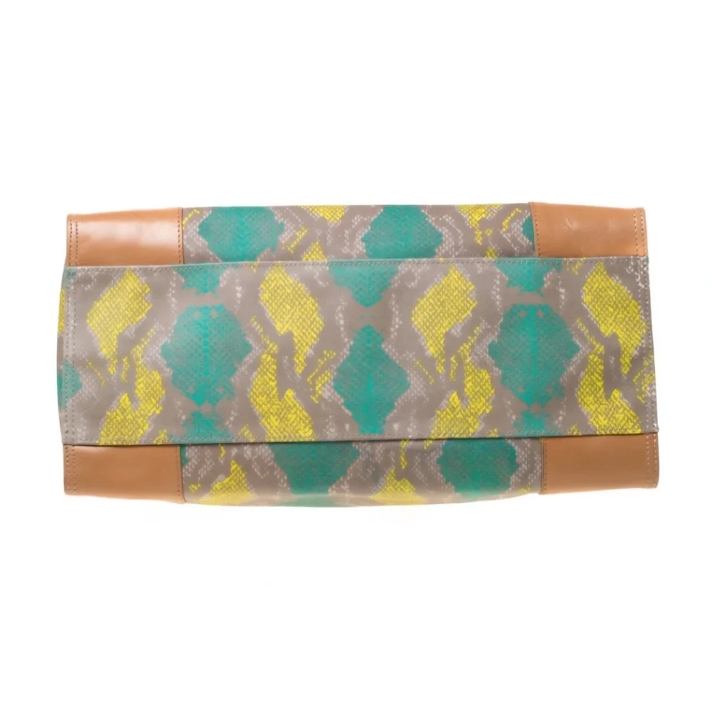 Tory Burch Ella Tote Bag Green Yellow Snakeskin Print‎ Canvas Leather Trim Large
